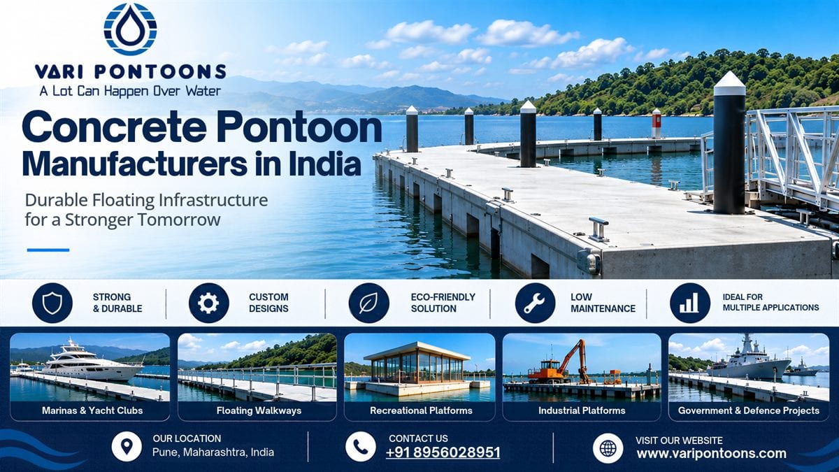 Concrete pontoon manufacturers in India – Vari Pontoons reinforced concrete floating pontoon jetty for marinas, walkways, recreational, industrial and defence projects