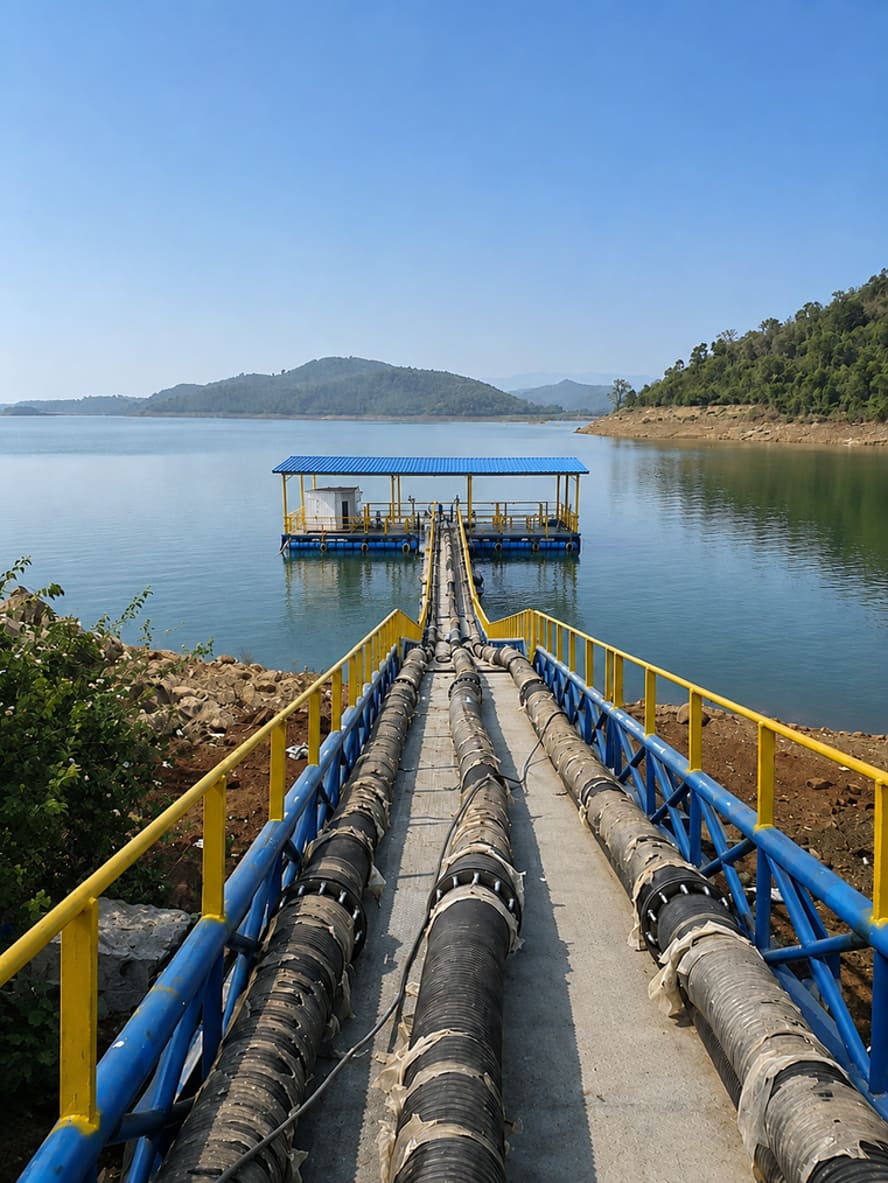 Floating pipeline walkway and pump pontoon on a reservoir by Vari Pontoons