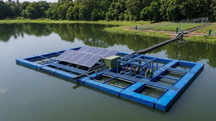 Vari Pontoons floating system installation in reservoir