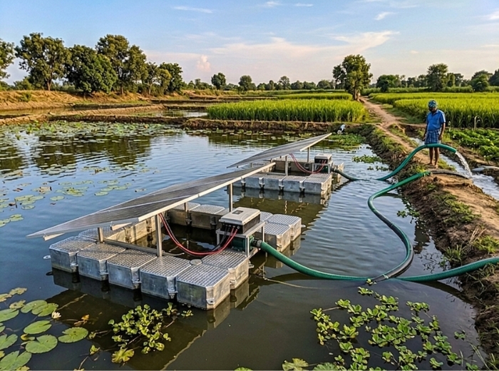 Solar PV panels mounted on floating agricultural pontoon