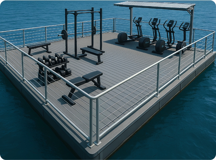 Floating gym deck at a waterfront resort