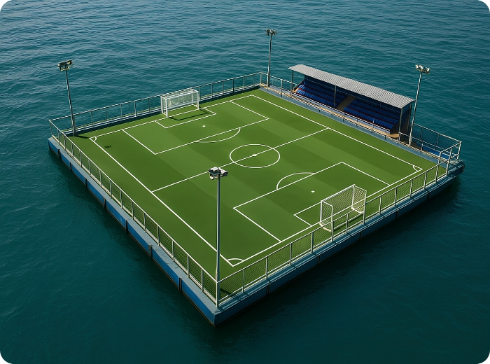Floating sports deck on open water