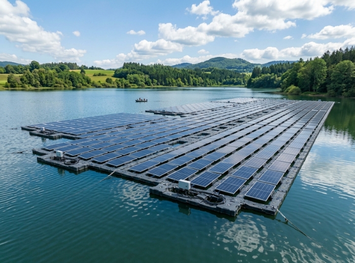 Floating solar panels reflecting on water