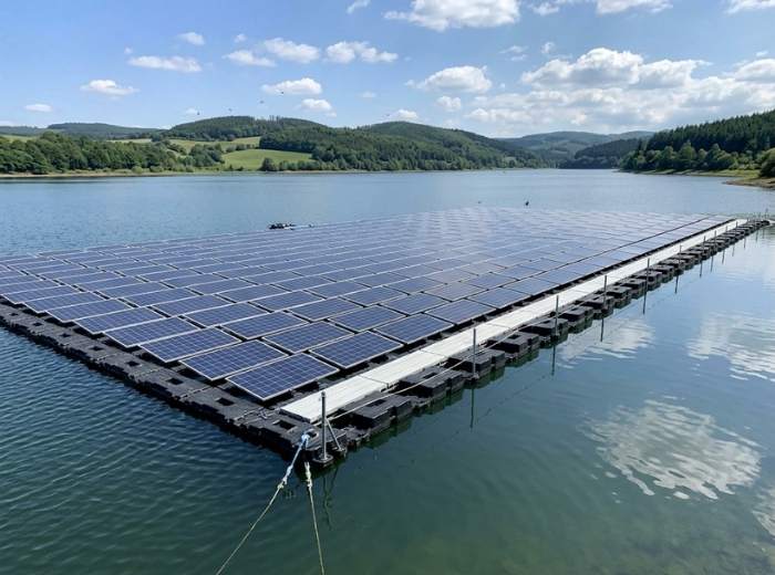 Solar powered floating lighting at dusk