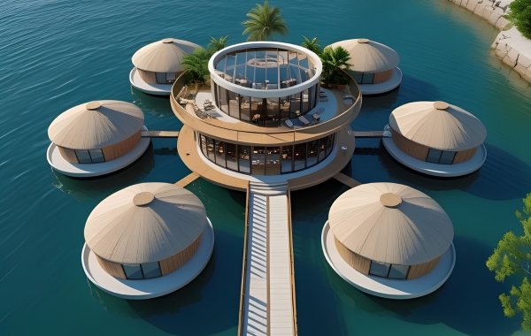 Floating restaurant platform on a lake
