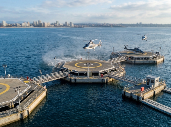 Floating heliport structural deck with safety netting