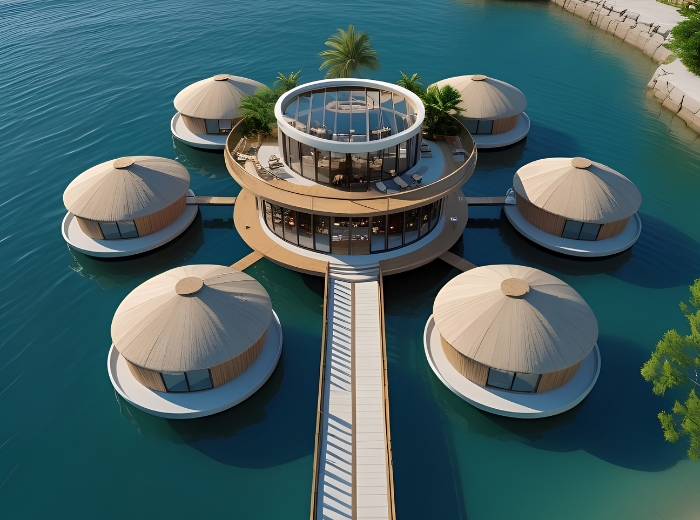 Floating restaurant platform on a lake